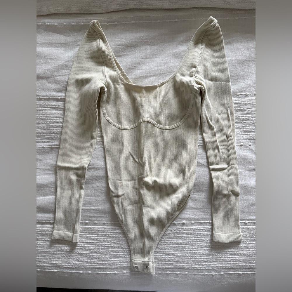 Free People Cream Ribbed Long Sleeve Bodysuit